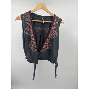 Free People Embroidered Vest Womens Medium Boho Tribal Tie Front Sleeveless